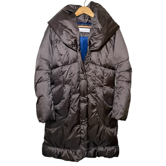 T Tahari 70% Down Long Puffer Coat M Taupe Sculptural Collar Luxe Winter Spring - Picture 2 of 11